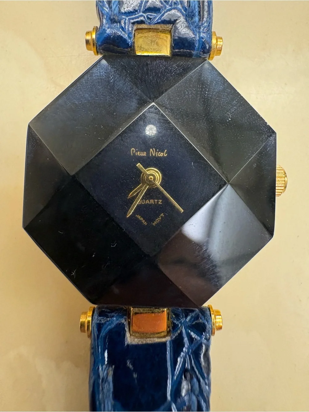 Vintage Pierre Nicol Faceted Black Watch with Blue Leather Strap